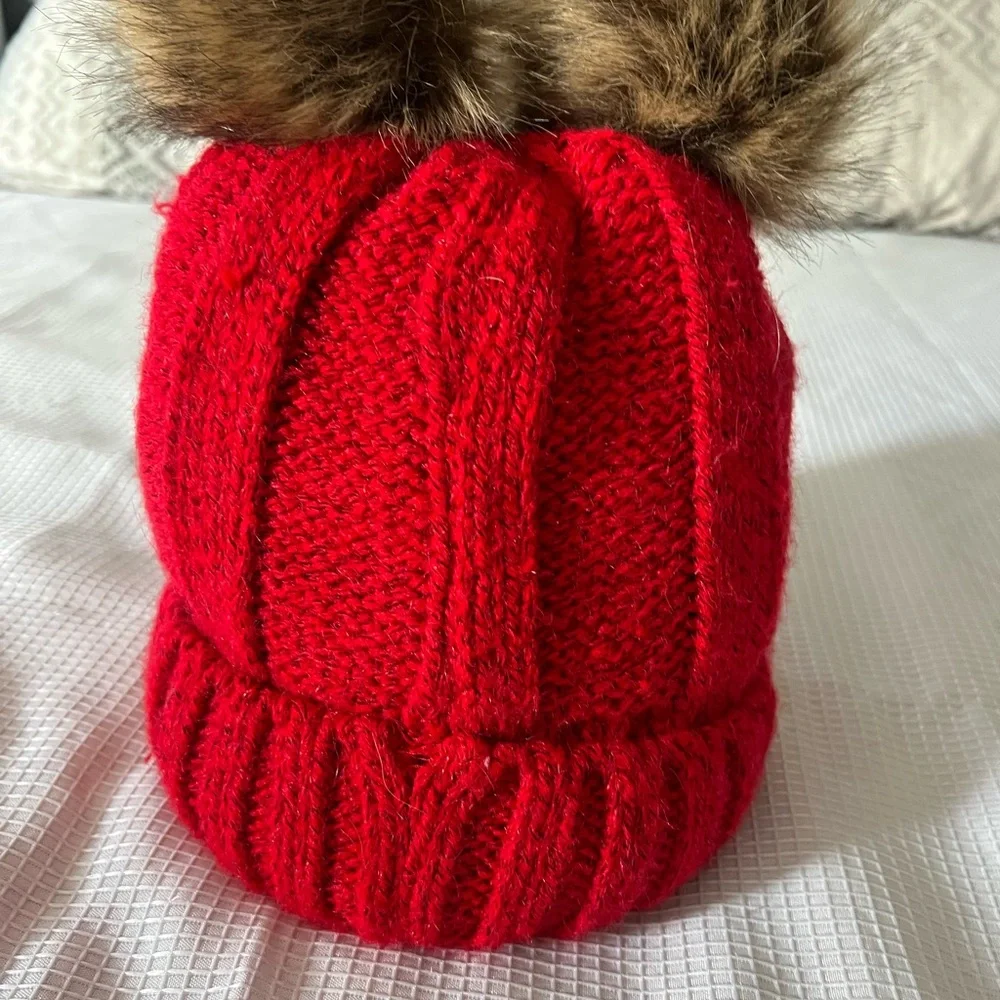 Chic Red Knit Hat with Faux Fur Pom Poms
